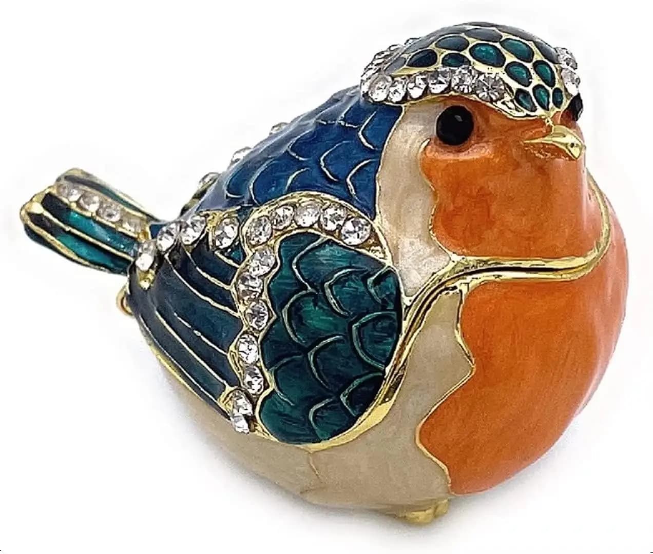 Ornate Enamel Robin Figurine With Rhinestone Detailing, Hinged Trinket Box For Ring And Earring Storage, Decorative Home