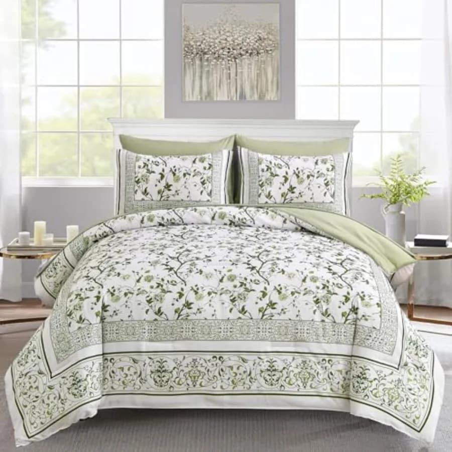 Set Copripiumino Floreale 7 Pezzi, Set Letto Completo con Fiori Verde Salvia su Sfondo Bianco, Set Biancheria da Letto Botanica in Morbida Microfibra