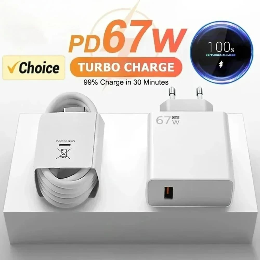 Caricatore USB GaN totale da 67 W Adattatore per telefono da parete a ricarica rapida Cavo USB TypeC 6A Spina di ricarica rapida 3.0 per iPhone Samsung Xiaomi