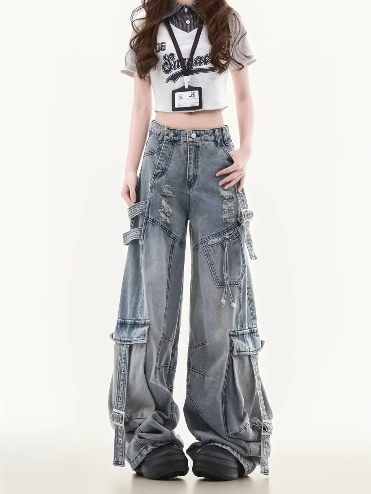 Jeans in denim stile americano pesante, deconstruiti, con cintura, da lavoro, uomo/donna, autunnali, di tendenza, High Street, multitasche, con fori, larghi