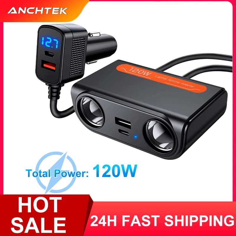 Anchtek 120W Adattatore per accendisigari per auto USB Spina di ricarica rapida Porte splitter Presa LED Voltmetro Accessori auto elettrici