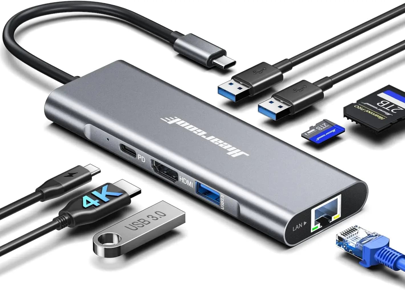 8-in-1 USB-C Hub: 4K HDMI, 1Gbps Ethernet, 100W PD, 3 USB 3.0, SD/TF