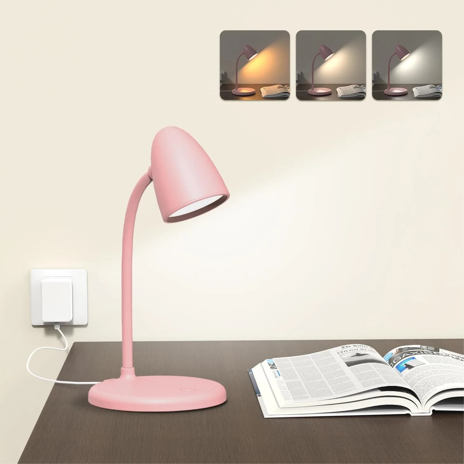 Lampada da scrivania a LED per ufficio domestico, 3 colori di luce, luce da lettura dimmerabile per camera da letto, piccola lampada da scrivania rosa