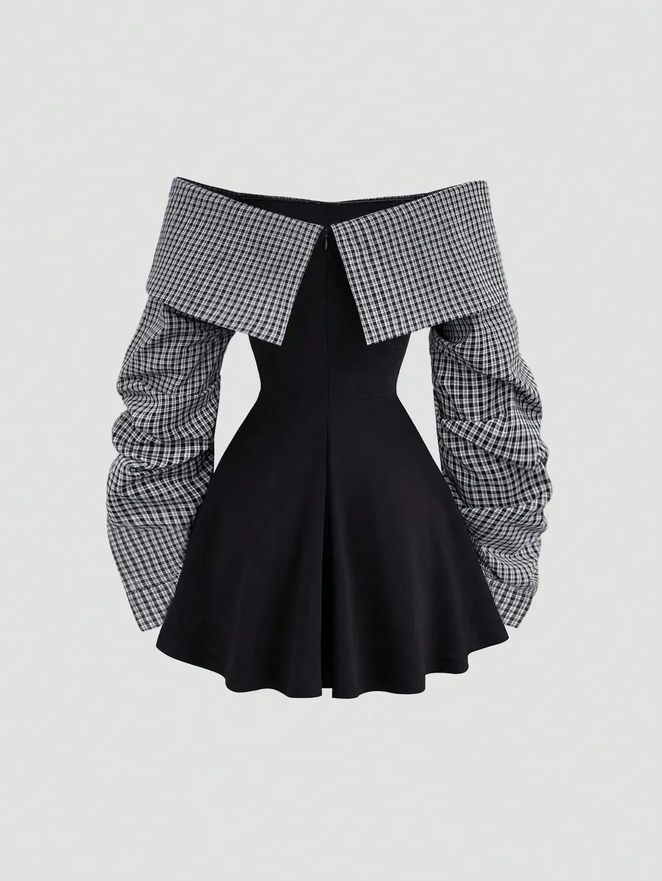 Women's Autumn Winter Bardot Off Shoulder Ruched Waist Plaid Contrast Mini Dress