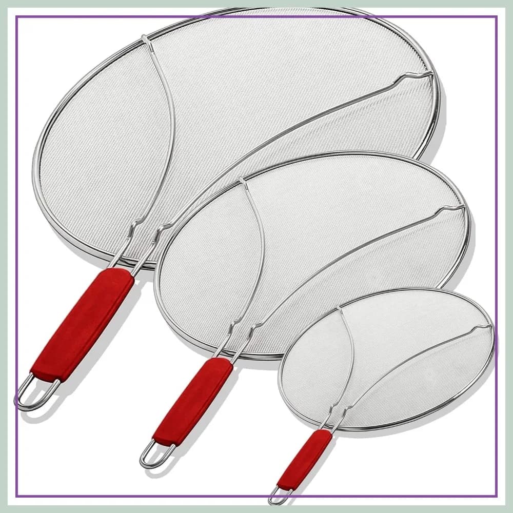 Set di 3 schermi anti-schizzi – 13”, 11,5”, 9,5” in acciaio inossidabile a maglia fine, manici con impugnatura comoda, protezione anti-grasso per padelle