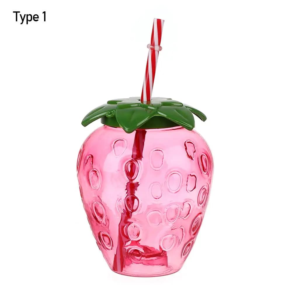 Bottiglia d'acqua in plastica per alimenti da 500 ml, con cannuccia a forma di fragola e coperchio, ideale come regalo.
