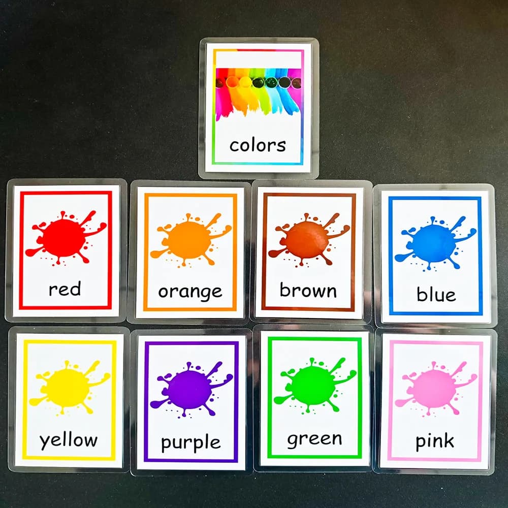 Scheda di apprendimento per bambini Montessori Cognizione dei colori Schede flash inglesi per cartoni animati per bambini Gioco di esercizi di memoria divertente per bambini