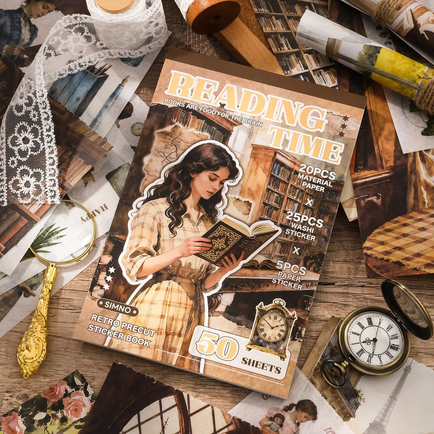 50 fogli/libro Adesivo in materiale retrò Adesivo con motivo carattere Libro Materiale per conto a mano per regalo decorativo per cornici per foto da ufficio