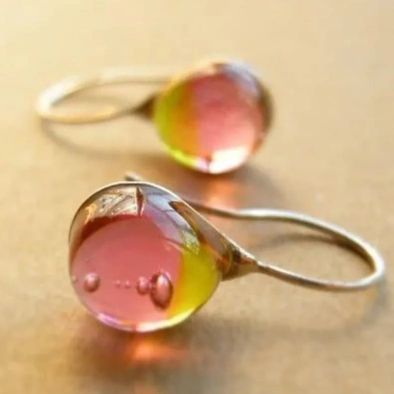 Hand Blended Pink Yellow Gradient Water Drop Earrings Transparent Bubble Inlay Teardrop Glass Long Hook Dangle Earrings Sweet Minimal Women Daily Jewelry