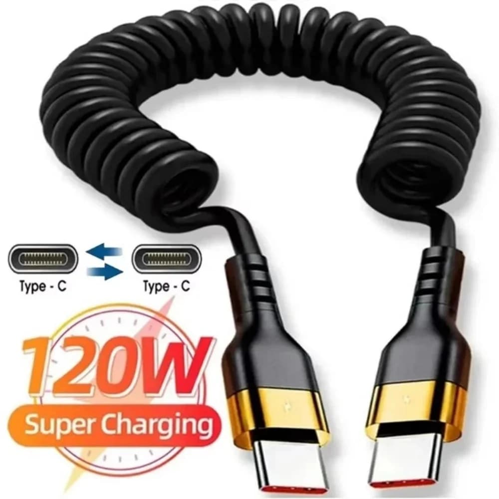 PD 120W 5A Type C To Type C Cable Fast Charging USB C Spring Car Charger Cord For iPhone Xiaomi Samsung Macbook Huawei Oneplus