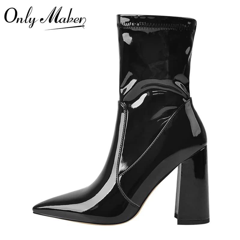 Onlymaker Pointed Toe Black Minimalistic Stretch Chunky Block High Heels Plus Size Size Zipper Thick Ankle Booties
