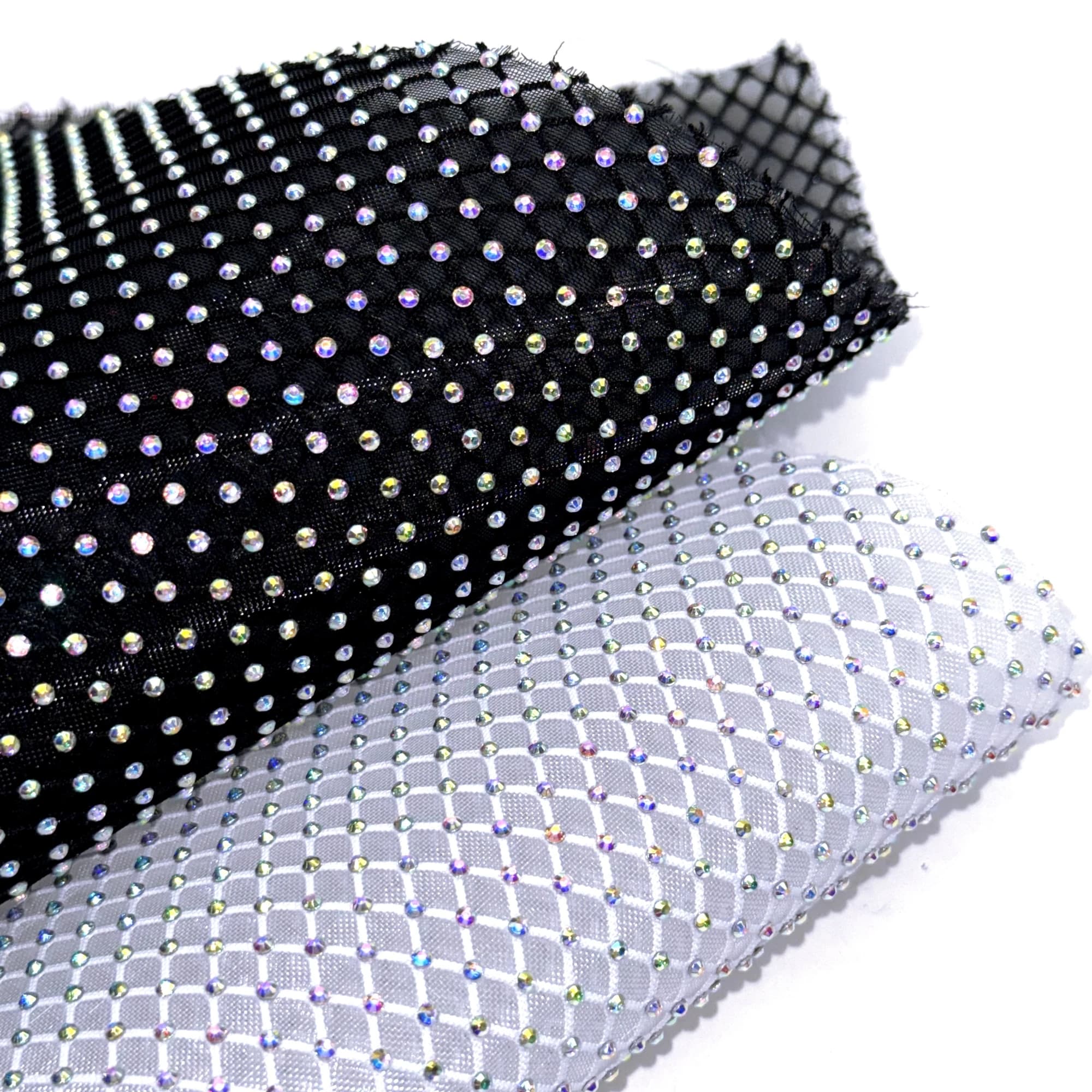 1pc 7.87x12.99 pollici tessuto di garza di maglia di strass Hotfix di lusso, foglio di materiale a forma di rombo di colore nero/bianco, perfetto