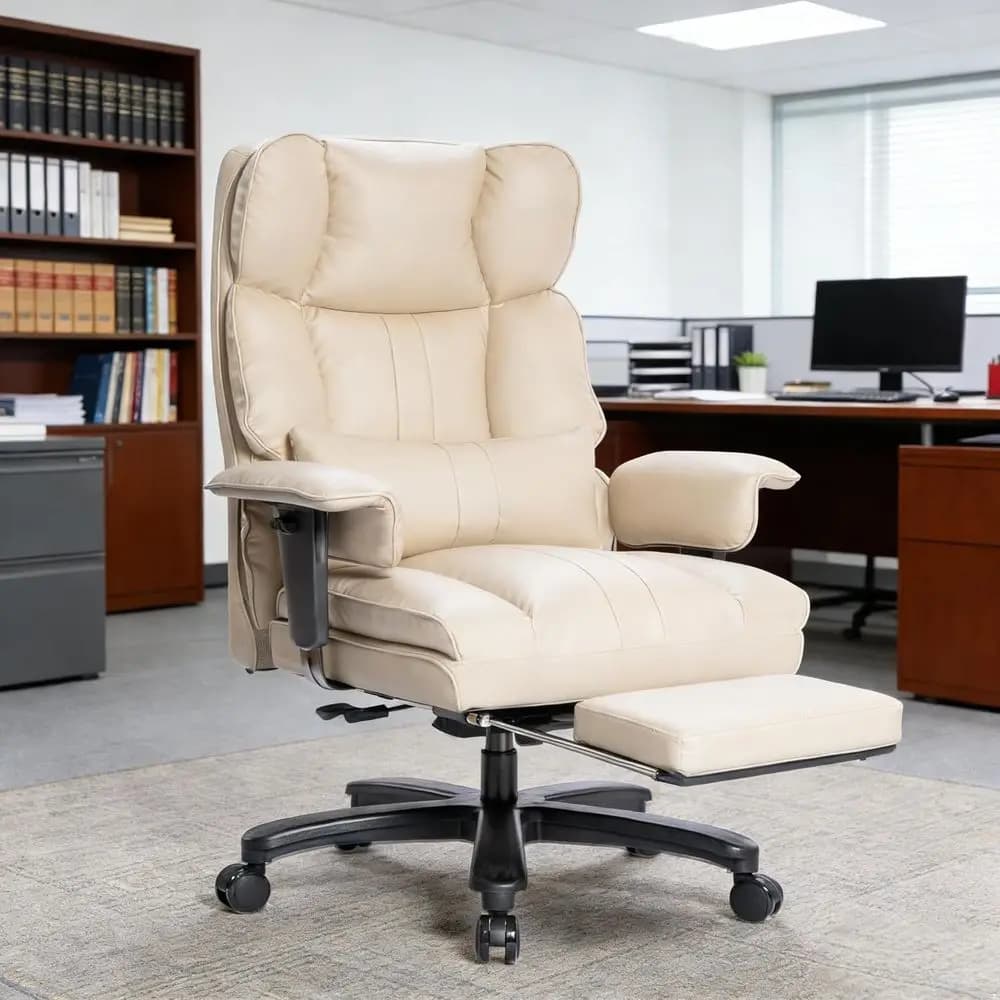 Sedia da Gaming in Pelle con Schienale Alto per 180 kg, con Poggiapiedi, Supporto Lombare, Braccioli Regolabili, Design Ergonomico Ampio (Beige)