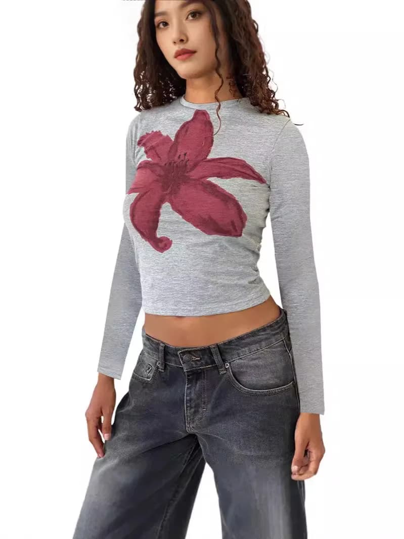 Print Long Sleeve Crop Top T Shirt Women Casual Loose Fit Streetwear Y2K Harajuku Aesthetic Summer Blouse