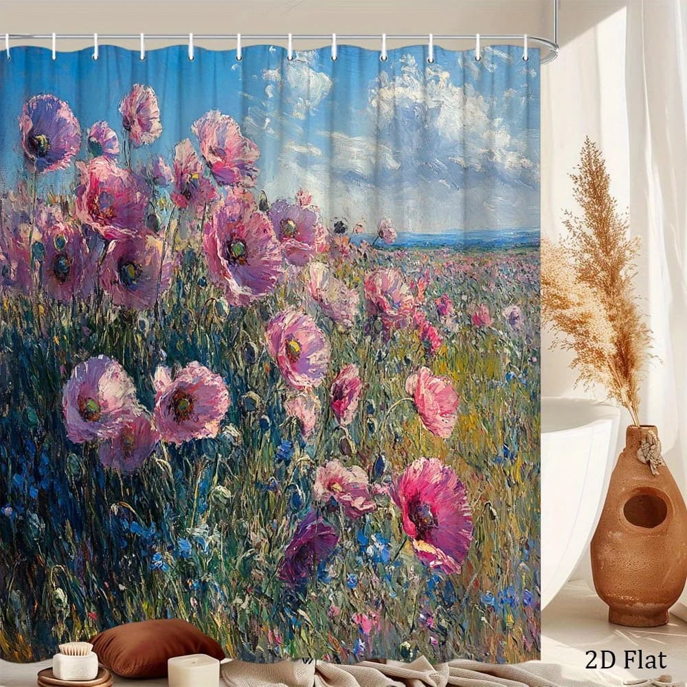 Tenda da Doccia con Stampa Impressionista Campo di Papaveri Fiori Rosa, Stampa a Olio su Poliestere, con Ganci per Decorazioni Floreali
