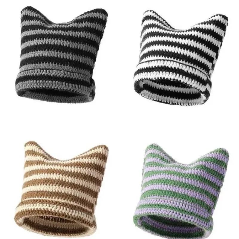 Nuovo stile coreano fatto a mano all'uncinetto acrilico orecchie di gatto donna cappello invernale a righe berretti autunnali caldo morbido cofano Skullies cap regalo