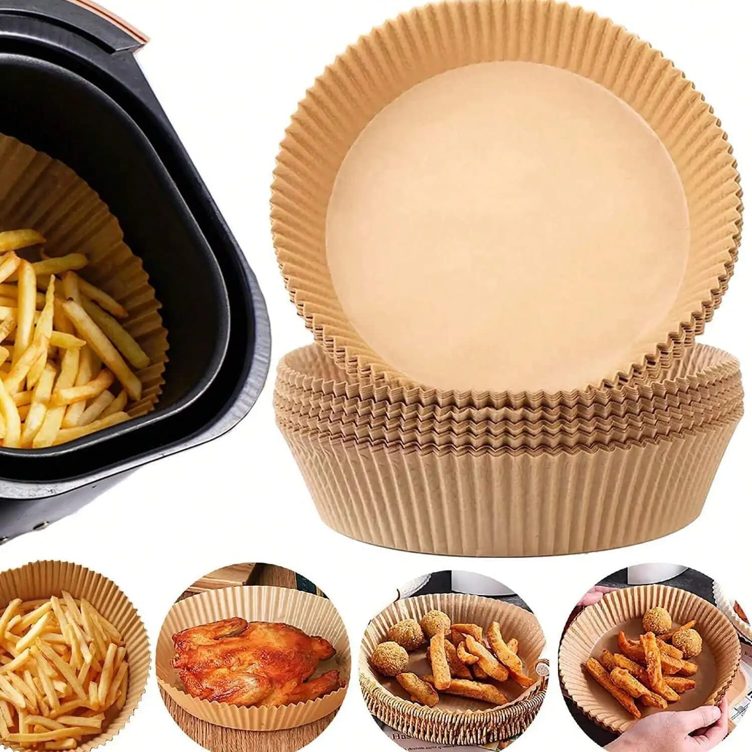 100 pezzi di fogli di carta da forno usa e getta quadrati e rotondi per friggitrice ad aria, antiaderenti e resistenti all'olio, per cottura interna ed esterna, barbecue, accessorio da cucina multiuso, previene l'adesione degli alimenti, ideale per la cucina quotidiana e per la preparazione di cibi all'aperto.