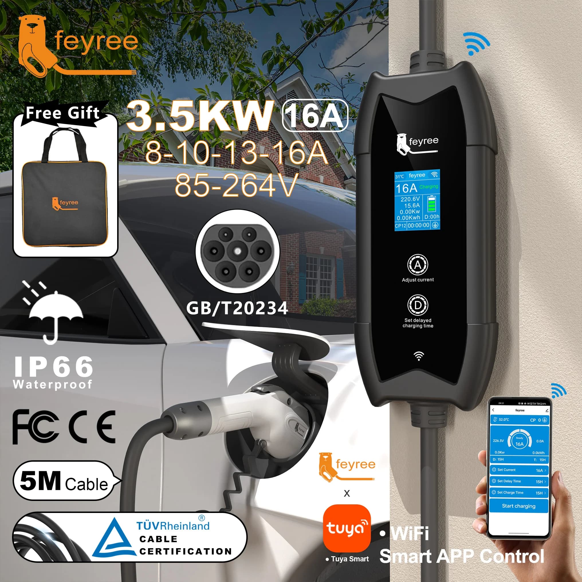 feyree GB/T Caricatore EV portatile Cavo da 5 m con controllo APP WIFI 16A 3.5KW Set Tempo di ricarica e ritardo per auto EV, Spina personalizzabile