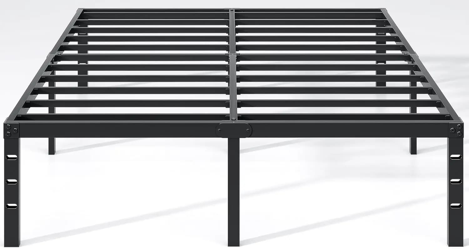 Metal double bed frame with container, sturdy and durable base, easy to mount, does not require mesh, black, 18 inch