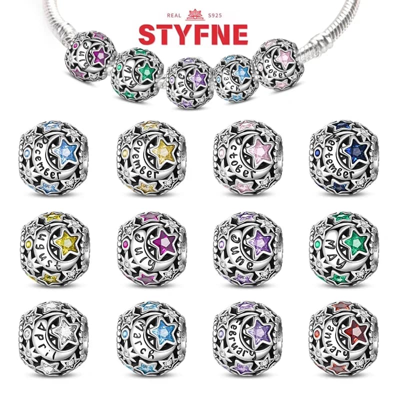 Ciondolo in argento 925 con pietra portafortuna rotonda, stella lucida, zircone, adatto per bracciale originale, ciondoli mensili fai da te per regali di gioielleria raffinata da donna