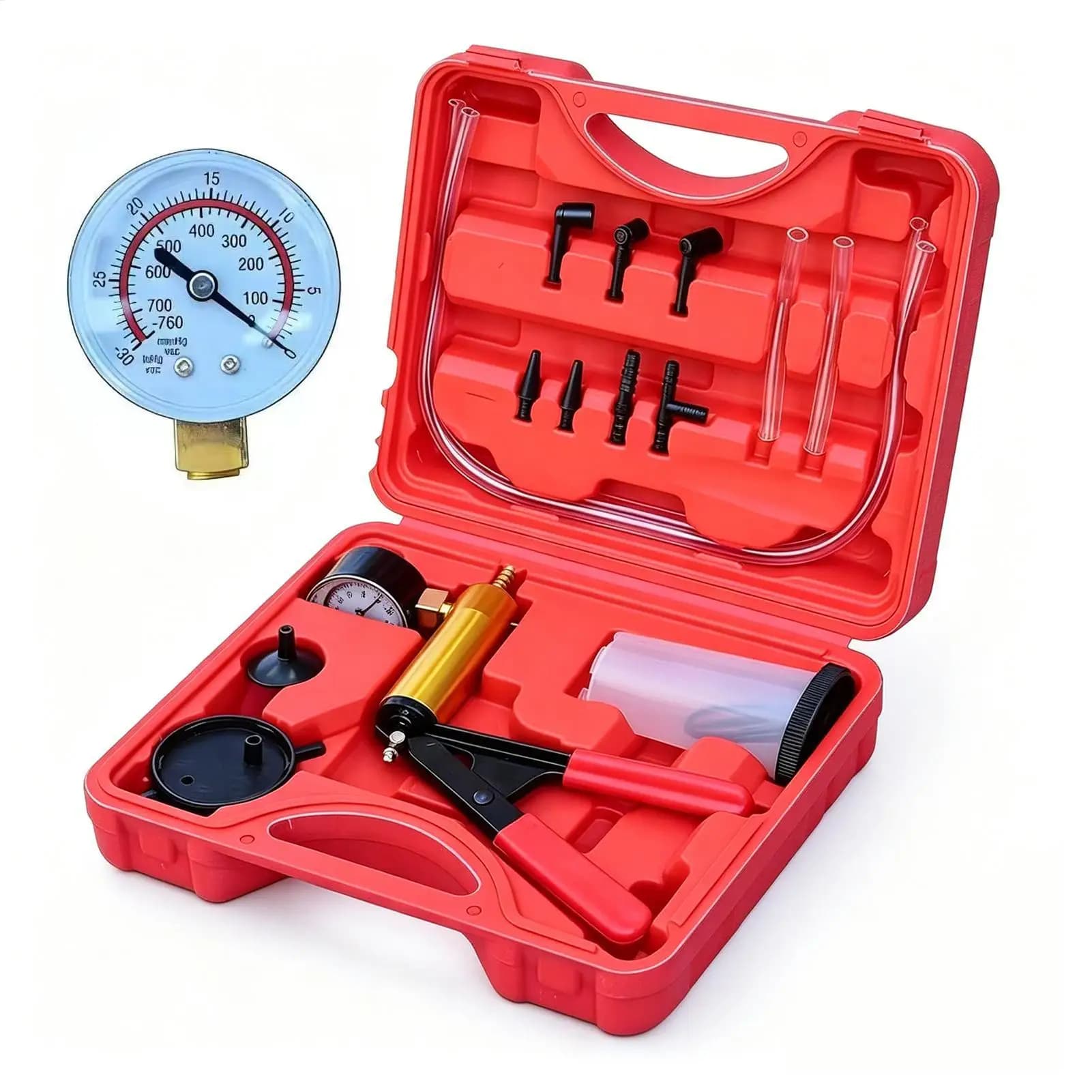 Car Brake Bleeder Kit Hand Vacuum Pump Extractor Pump Vacuum Gauge Pressure Tester Set for Auto Oil Change Maintenance Repair