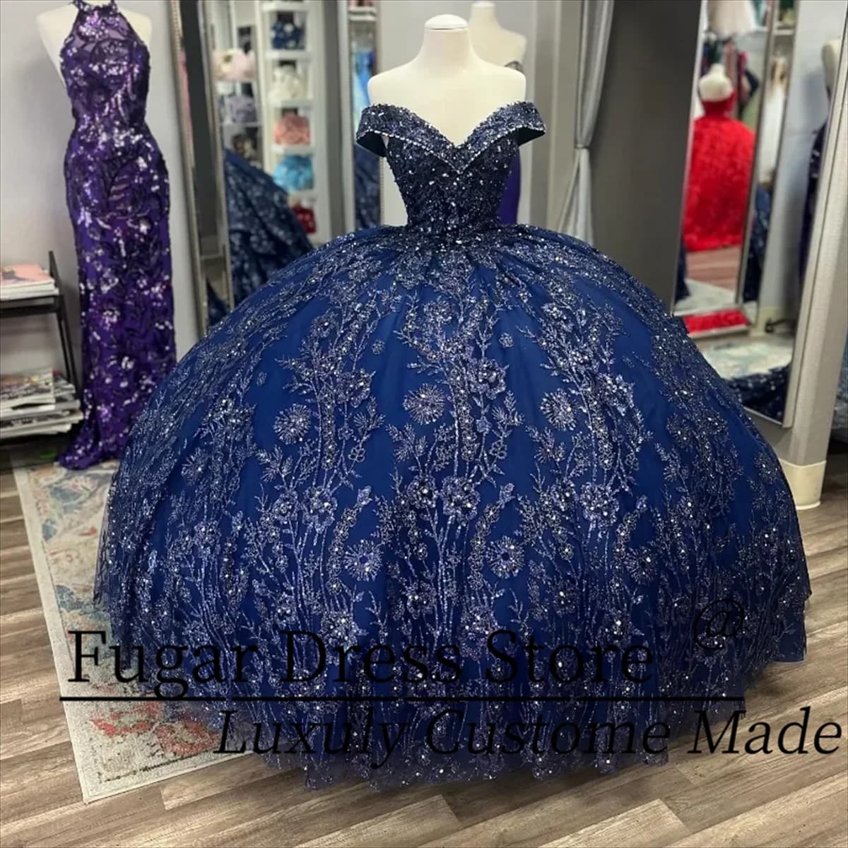 Abiti stile Quinceanera da principessa blu navy con spalle scoperte Perline Abito da ballo di cristallo Indossare con lacci Sweet 16 Abiti 15 De XV Anos