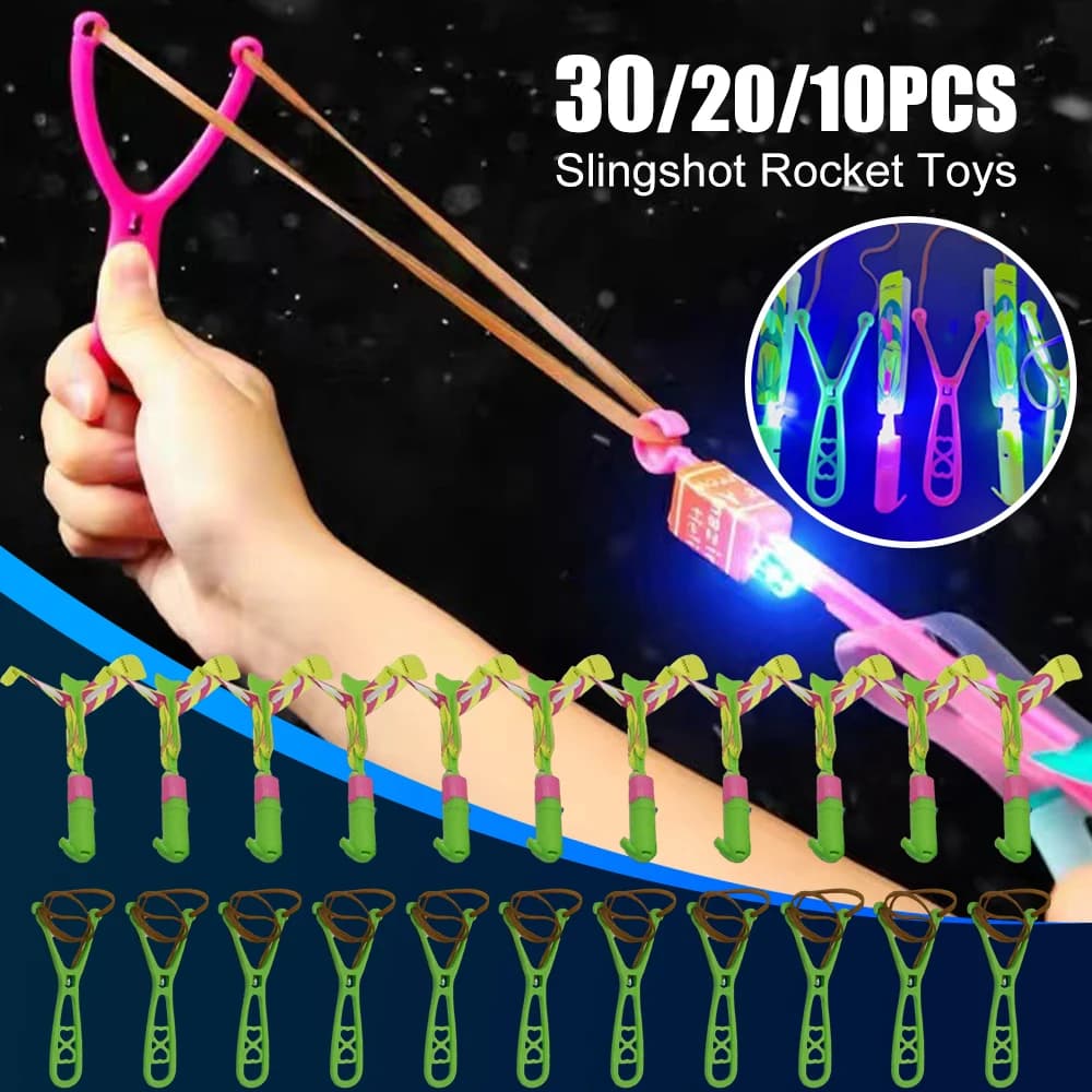 Rocket Flying with LED Lights 10Pcs LED Arrow Helicopters + 10Pcs Launchers Slingshots Rocket for Kids
