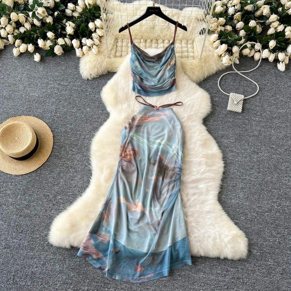 Women Sweet Two Pieces Sets Sleeveless pleated Crop Top Shirt Elegant Summer Beach mesh Vintage Pleated Skirt Sets