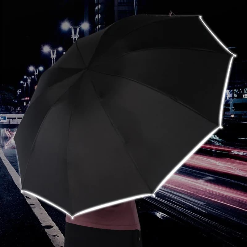 Ombrello inverso completamente automatico Parasole in plastica nera per auto Luce a led Striscia riflettente Torcia pieghevole Ombrello pubblicitario