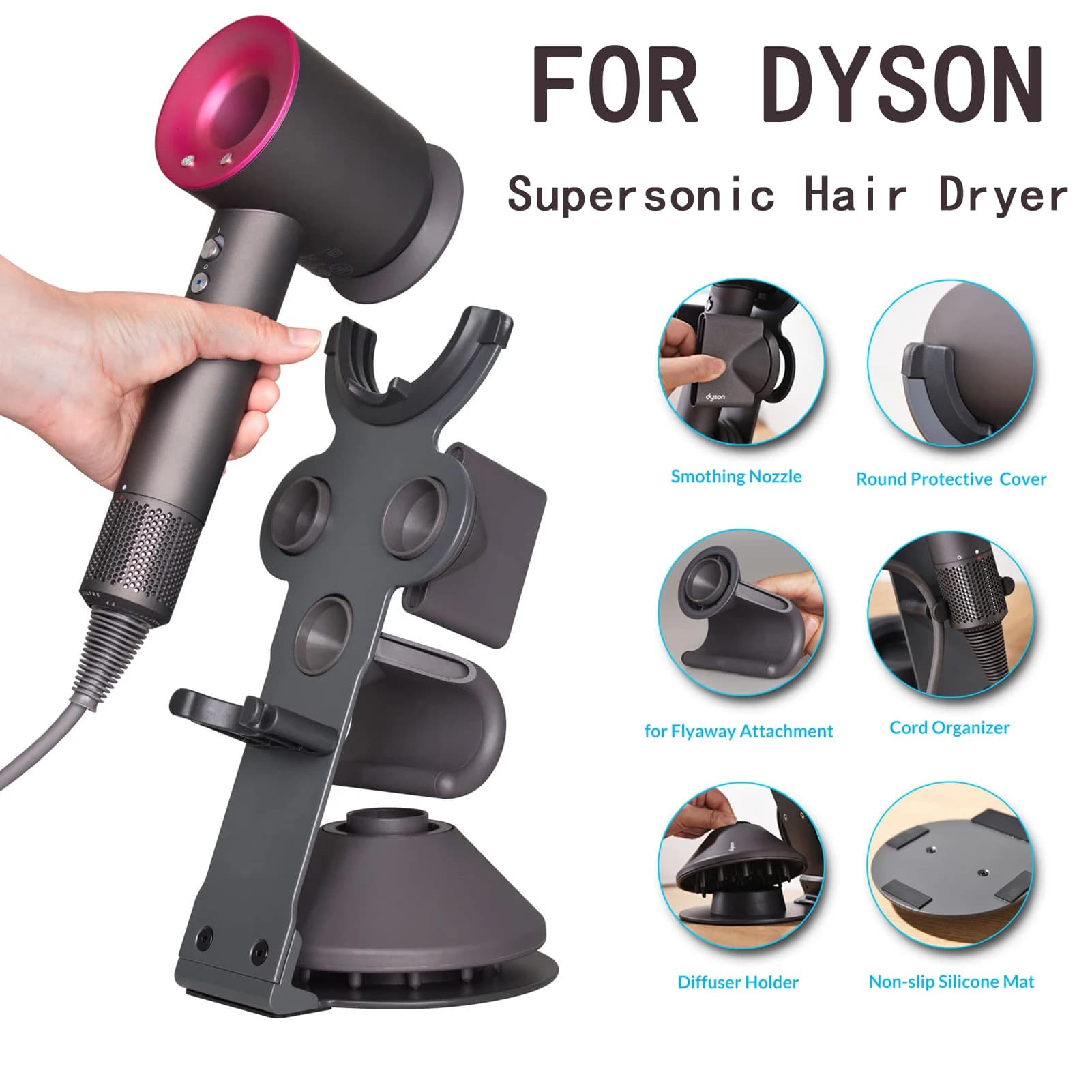 Dyson Supersonic hair dryer stand with cable organizer, heavy alloy steel support, piano painting surface
