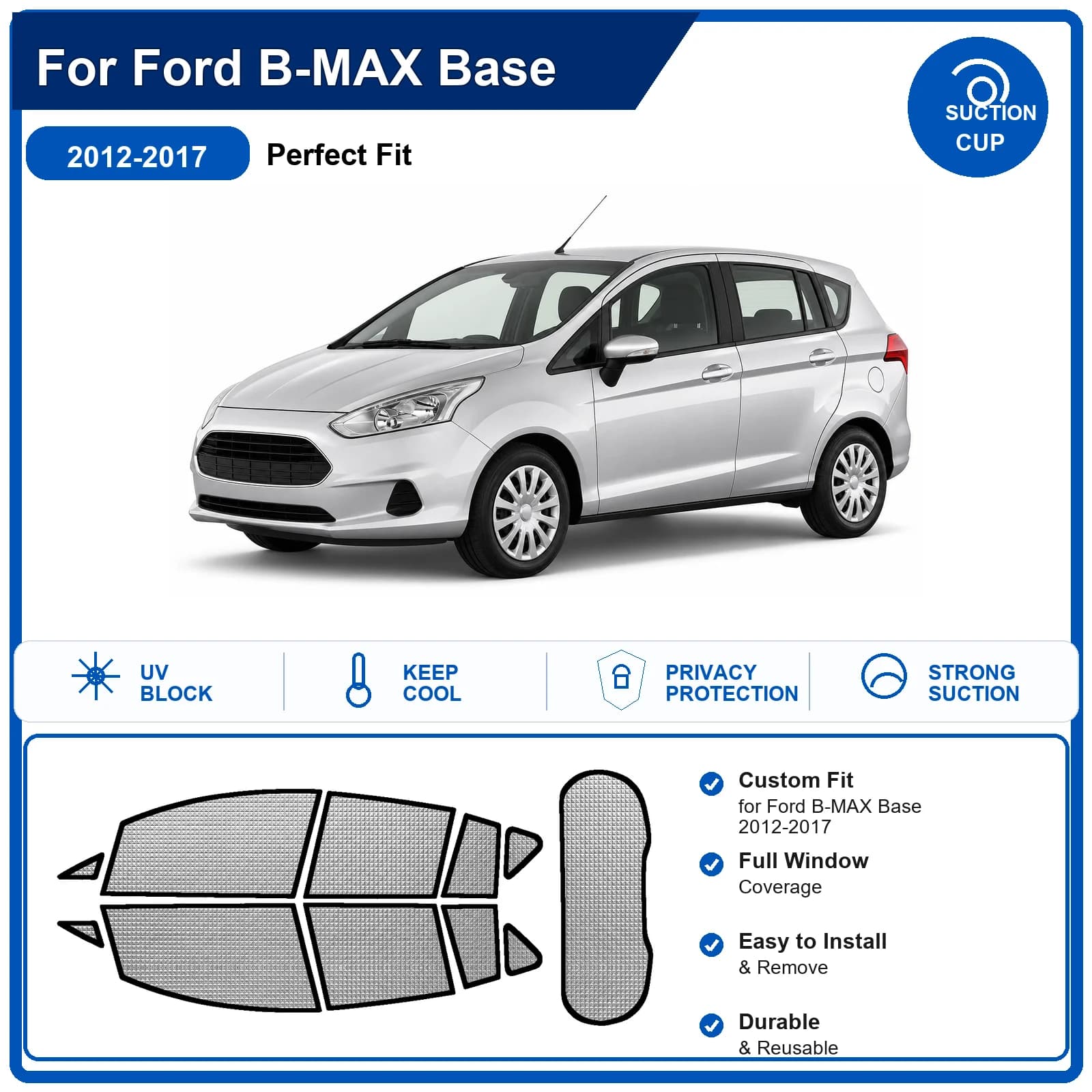 For Ford B-MAX Base 2012-2017 Custom Full Set Windshield Sun Shade Aluminum Foil Heat Insulation Anti UV Foldable