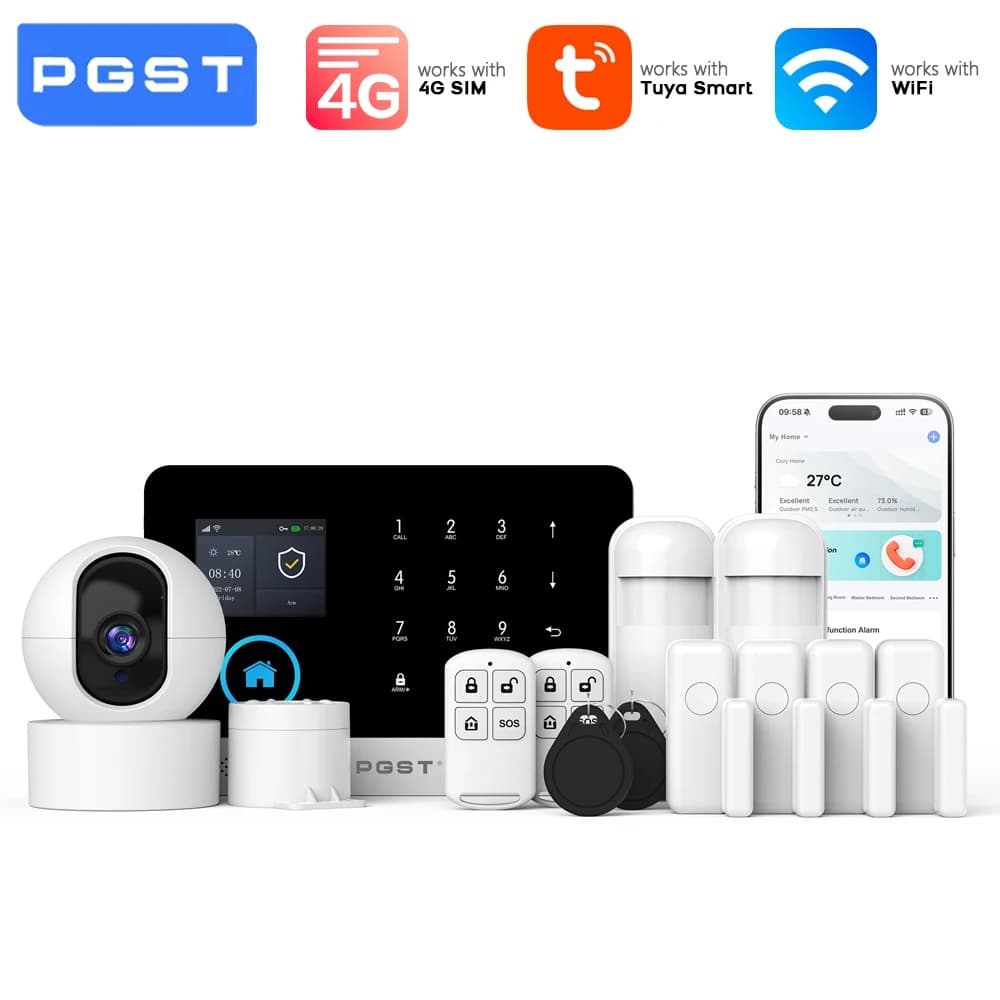 Sistema di Allarme WiFi 4G PGST, Kit di Sicurezza Domestica con Telecamera IP a Tracciamento Automatico, Sensore PIR, Controllo Remoto, App Tuya