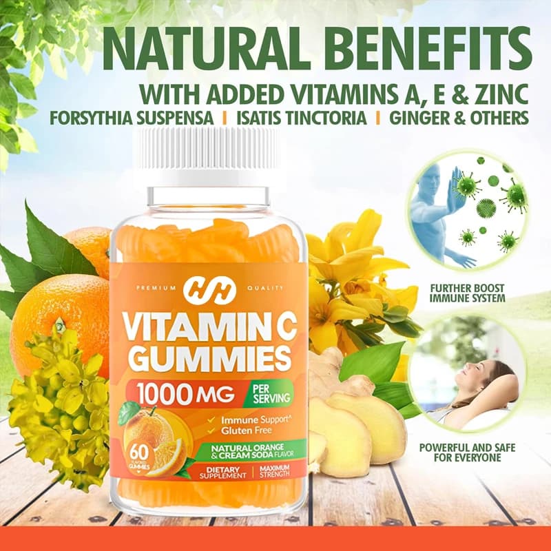 Gomme alla vitamina C 1000mg per adulti e bambini, supporto immunitario e al collagene per la pelle, gusto arancia, 60 gomme