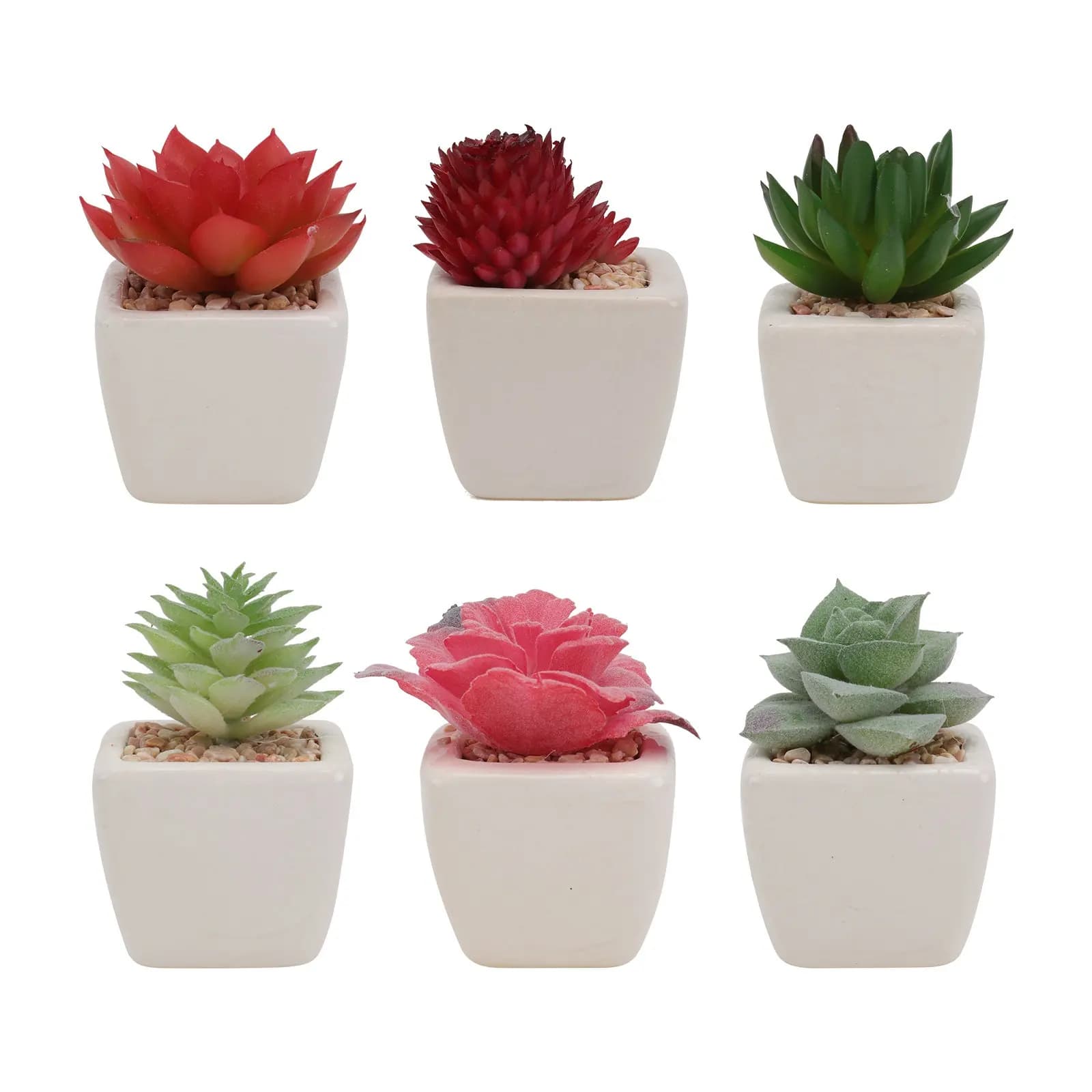 6Pcs Cute Premium Artificial Succulent Plants in White Ceramic Pots Realistic Fake Greenery for Office Desk Shelf Balcony