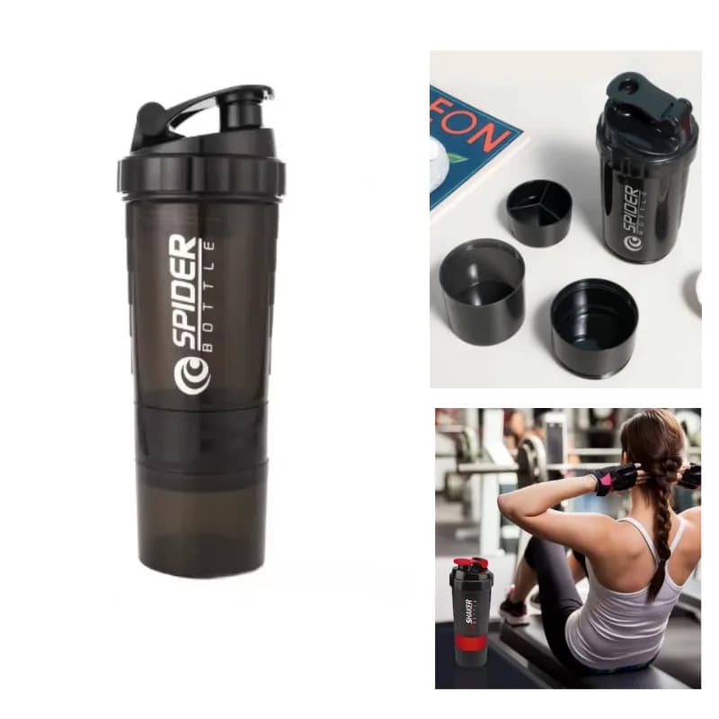 Shake bottle for layered proteins with powder container, large bottle with metal wire stirring ball, 500ml