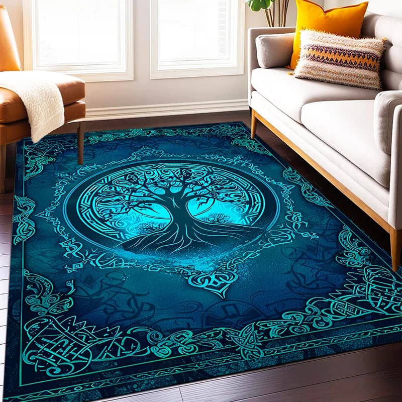 Tappeto in flanella stampato con motivo blu dell'albero della vita celtico, morbido e peloso, per soggiorno, camera da letto, decorazione spirituale, design artistico