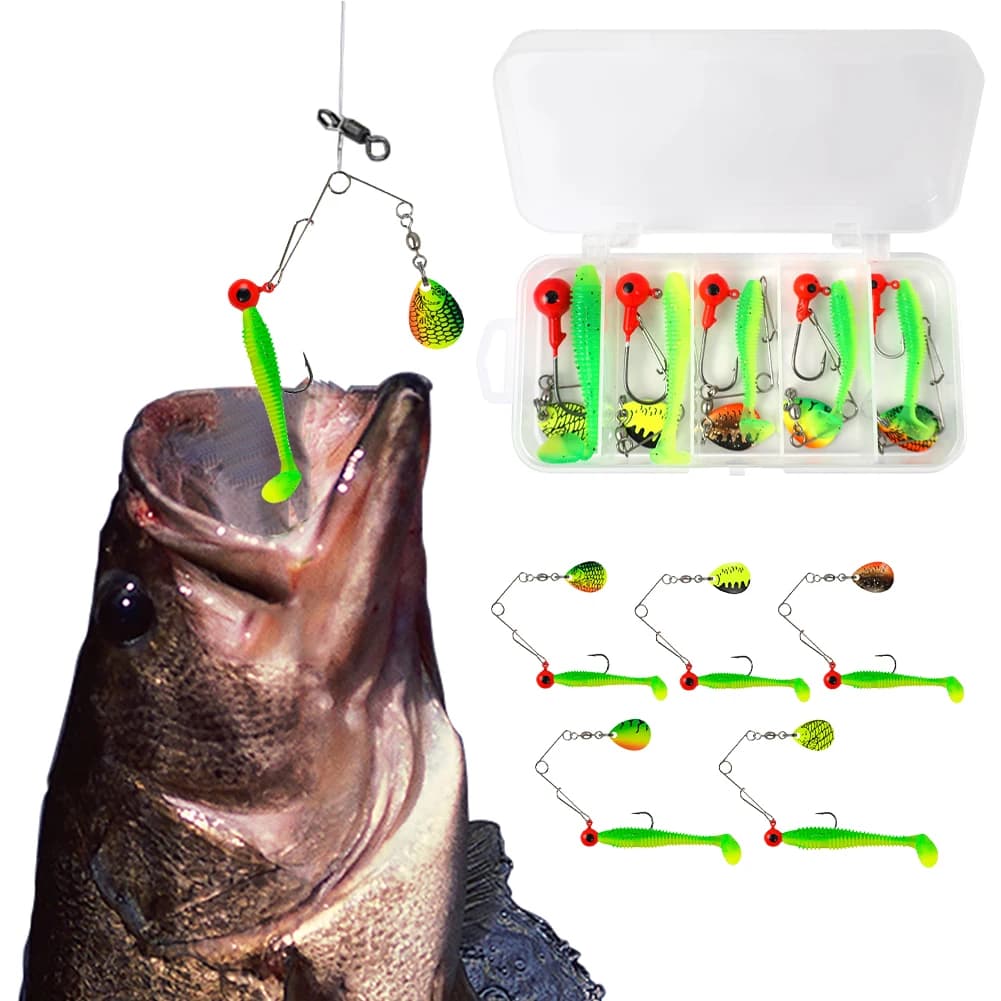 5 pezzi esche da pesca morbide kit esca artificiale verme con testa jig in metallo gancio e cucchiaio spinner esca morbida per la pesca al luccio spigola