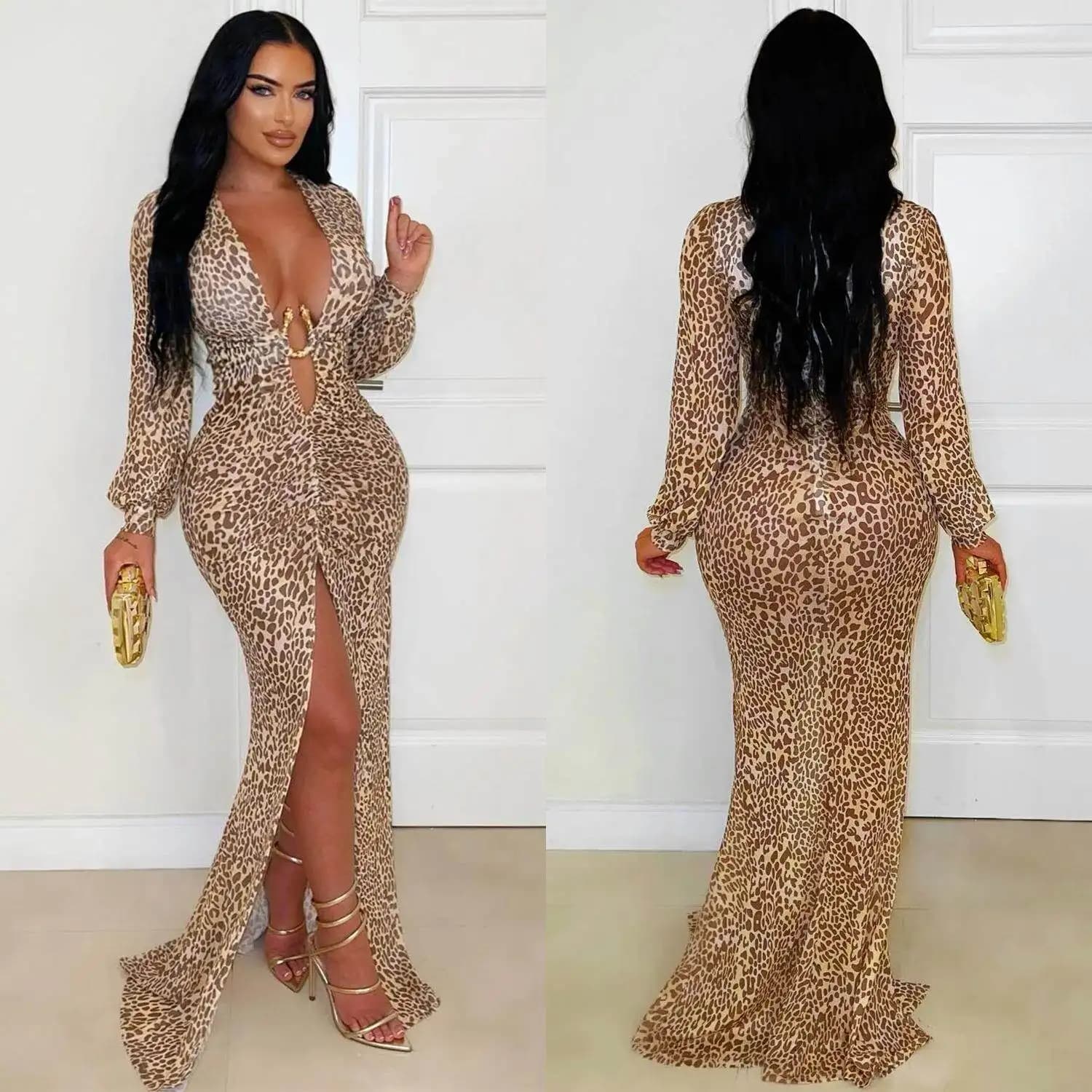 Fashionable Sexy Deep V Leopard Print Split Sleeveless Dress for Women Long Sleeve Autumn Wear Chinese Origin C7571
