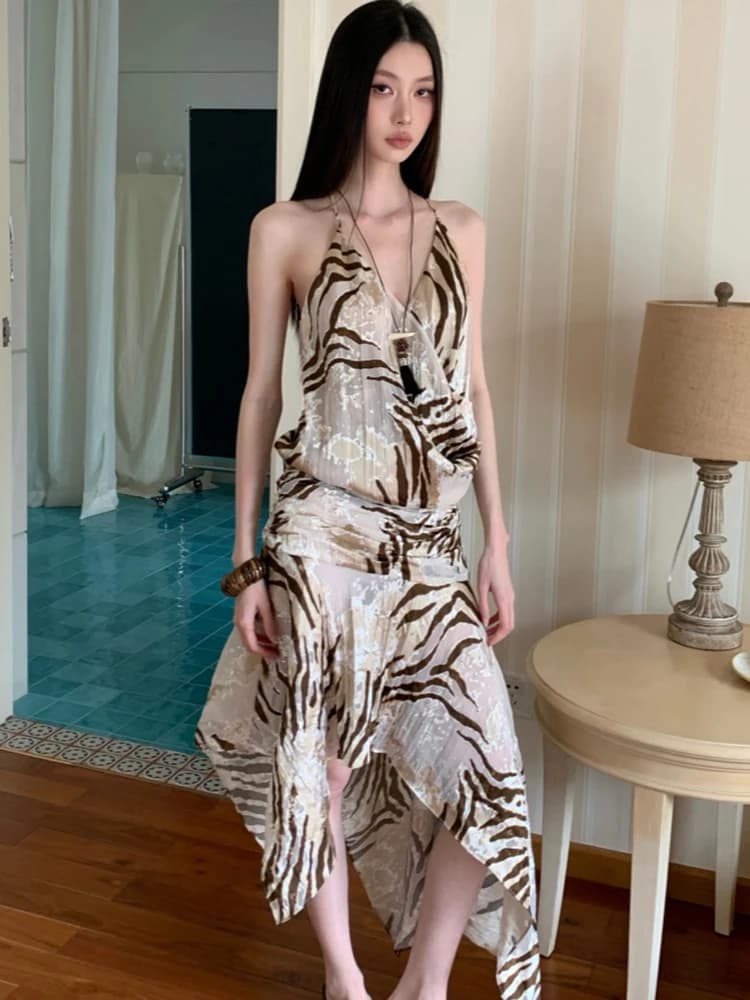 Women Print Striped Chic Pleated Bodycon Neck-mounted Dress Summer Elegant Luxury Ruffled Dress 2026 Korean Casual Festival Robe