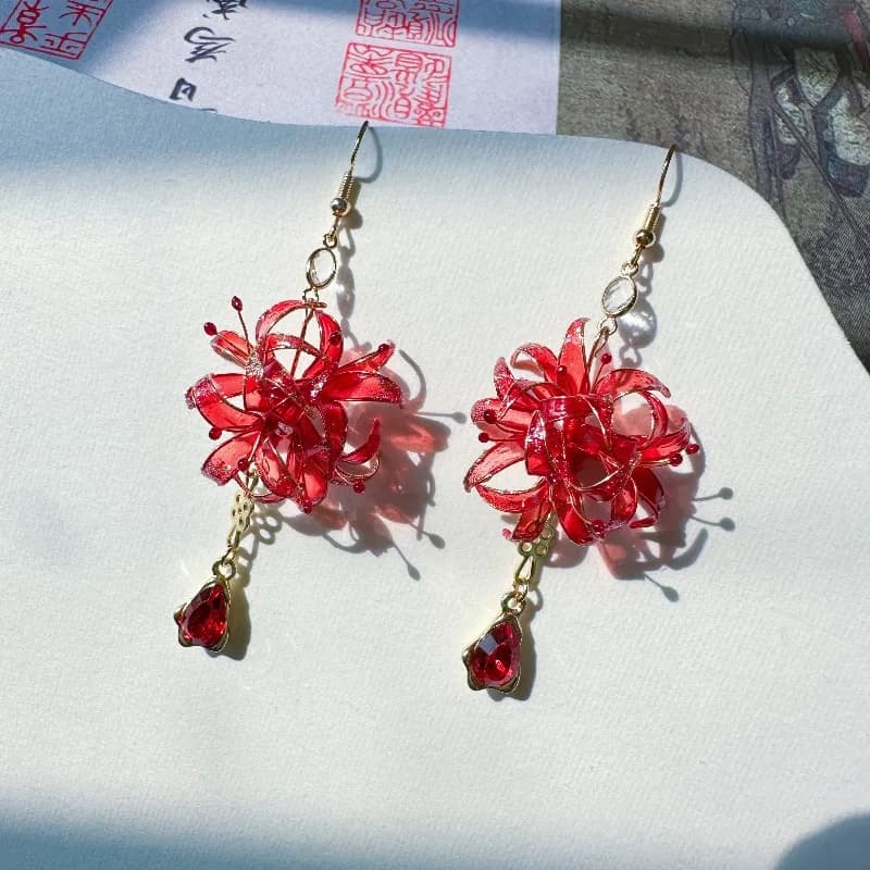 Orecchini a clip con giglio ragno rosso di nuovo arrivo in resina floreale dal design originale per accessorio per il trucco Hanfu regalo da donna in stile elegante