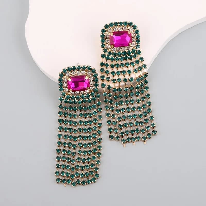 Orecchini Lunghi con Frange in Strass Geometrici, Design in Vetro, Stile Personalizzato e di Tendenza per Donne