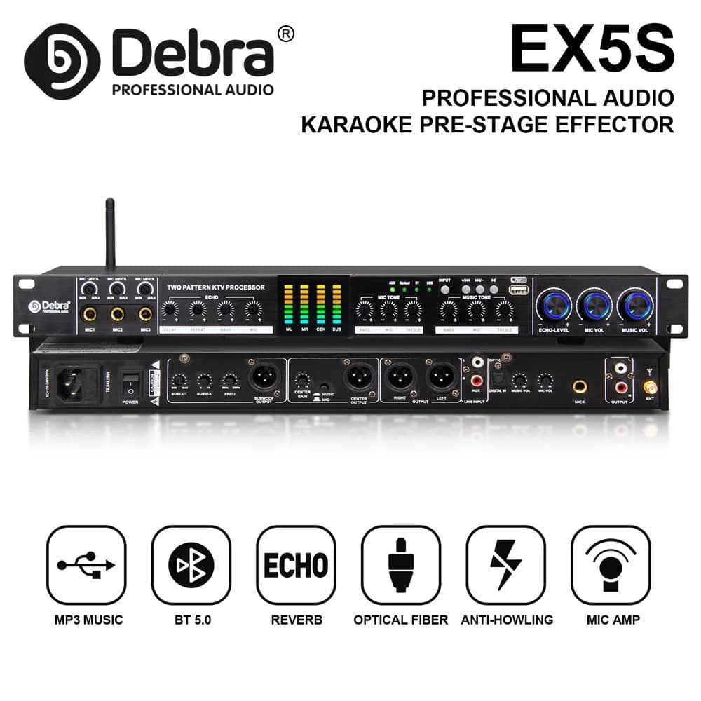 Debra EX5S Effetti Audio Professionali Pre-Stage con Riverbero Bluetooth 5.0 Anti-Feedback per Registrazioni all'Aperto, sul Palco e Karaoke