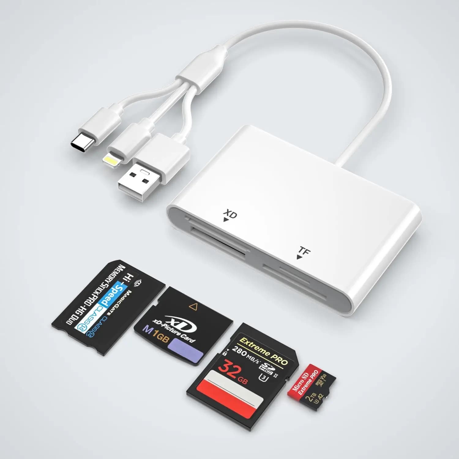 Lettore di Schede di Memoria 4-in-1 per iPhone Android PC, Compatibile con SD/TF/MS/XD via Lightning USB USB-C OTG