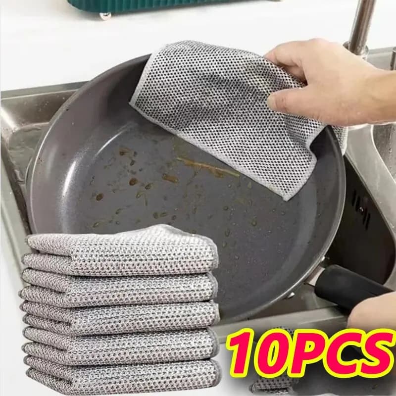10 pieces magic rubbish silver thread cleaning kitchen cloth addensed towel microfiber sponge embedded steel wire ball rock