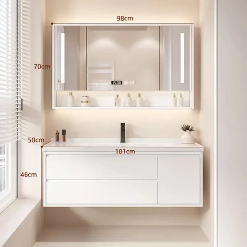 Mobile bagno estetico con lavabo, scrivania, cassetti e ripiani, mobiletto moderno e di tendenza per il bagno