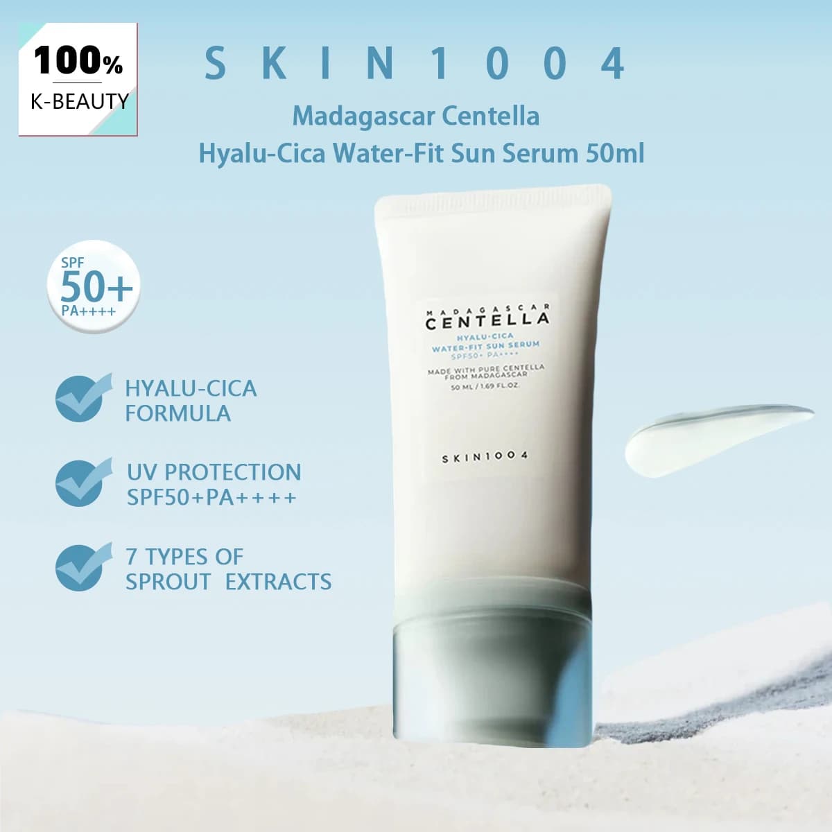 SKIN1004 Madagascar Centella Hyalu-Cica Siero solare impermeabile SPF50+ PA++++, delicato, alta protezione all'aperto, K-Beauty, trucco coreano