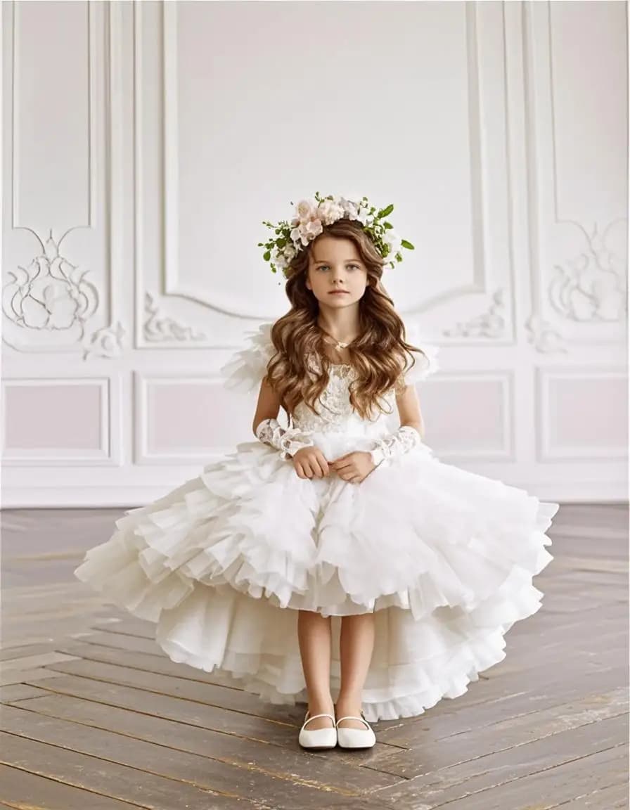 Abito da ragazza di fiore con bella piuma personalizzato, soffice, lunghezza asimmetrica, volant per la prima volta, abito da festa di compleanno per bambini