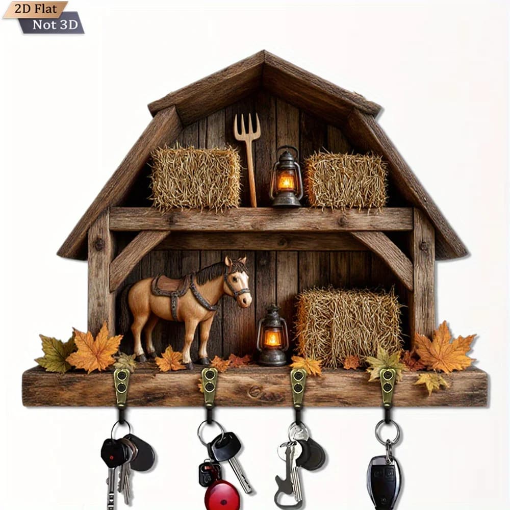 Decorazione per cavalli e balle - Portachiavi rustico per fattoria - Portachiavi e accessori da parete in legno con design per porta della fienile a 4 ganci,