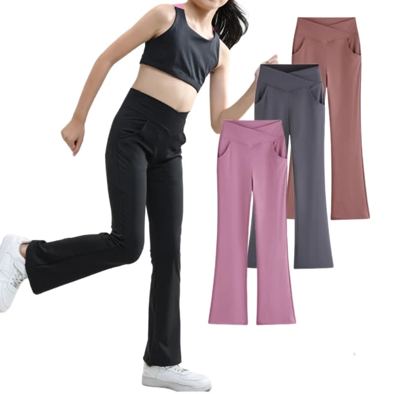 Leggings svasati da ragazza tasca pantaloni sportivi da Yoga elasticizzati neri collant pantaloni Casual da ballo per bambini pantaloni a campana per bambini vestiti