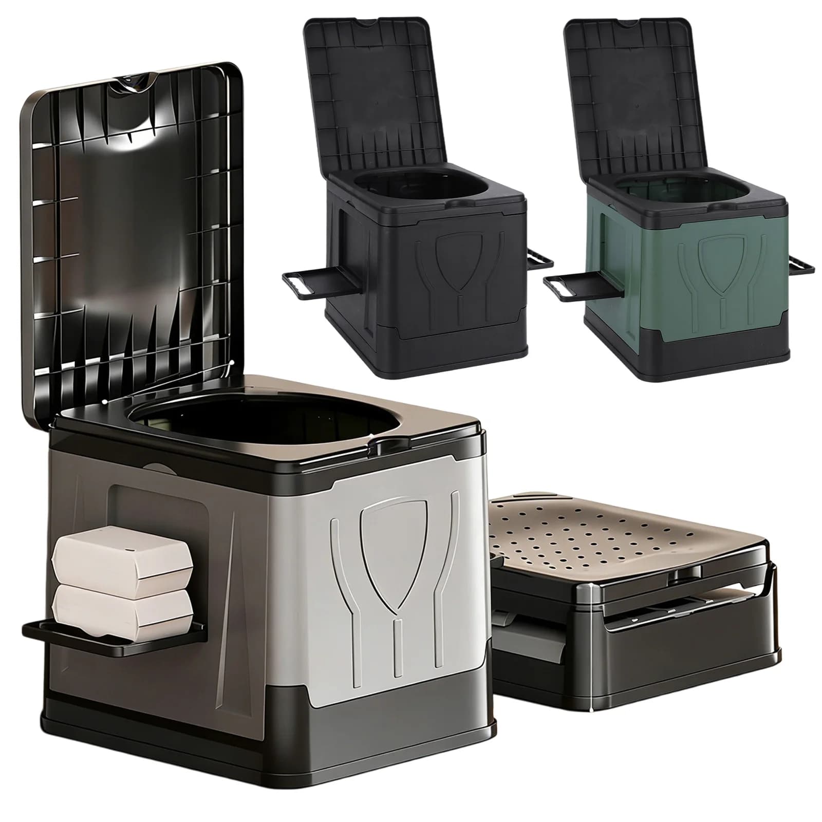 WC Portatile Pieghevole con Portarotoli e Coperchio, Toilette d'Emergenza Riutilizzabile per Campeggio, Viaggi, Auto, Camper e Uso di Emergenza